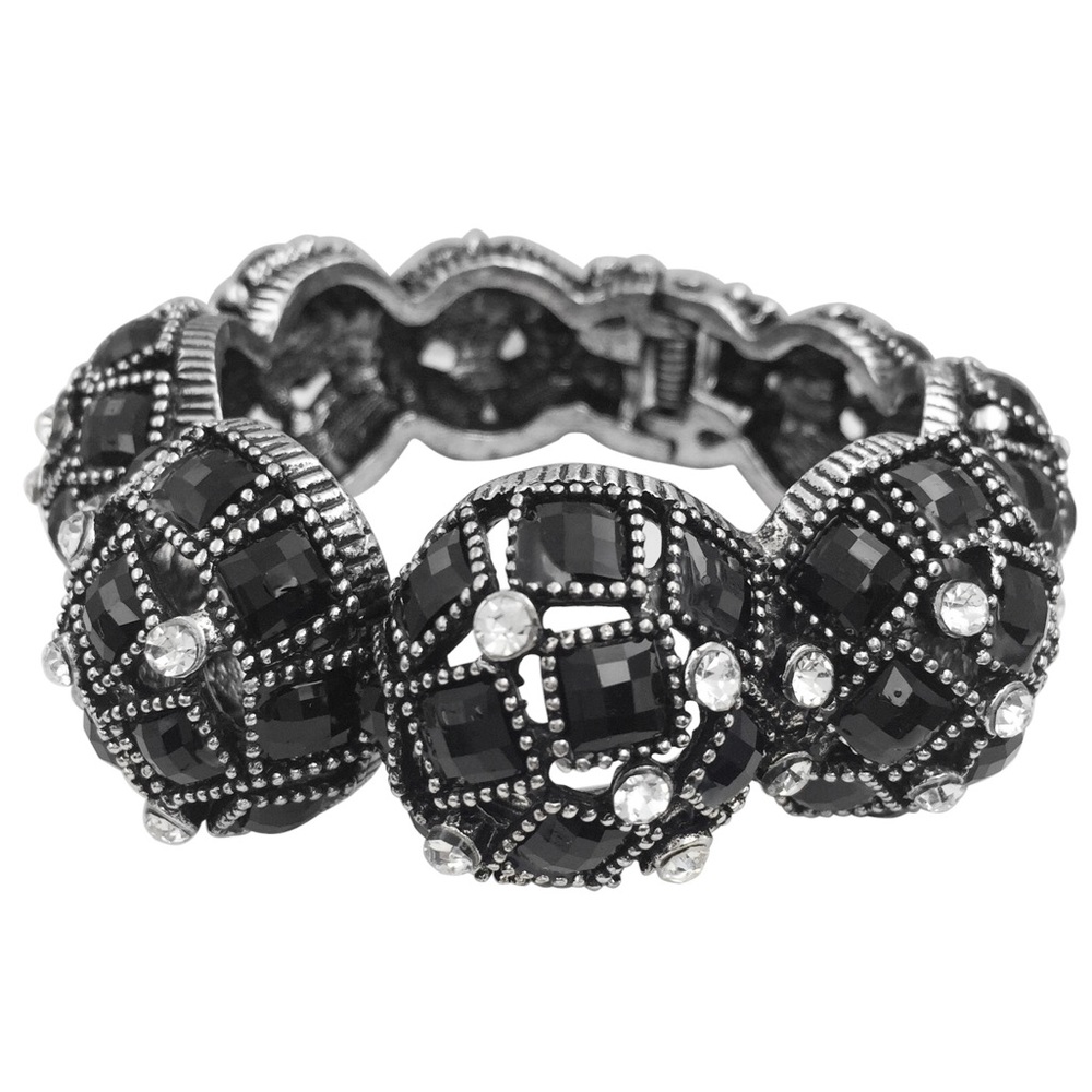 Black Squares Rhinestone Domes Chunky Statement Silver Hinged Bangle Bracelet